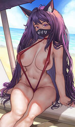 1girls areolae beach belly_button big_breasts bikini breasts choker commission face_mask female female_only gakibaki kemonomimi long_hair looking_at_viewer mitsuki_(hanns33694210) nipple_bulge nipples original original_character outside pale-skinned_female pale_skin purple_eyes purple_hair purple_tail red_bikini sitting skimpy skimpy_bikini sky sling_bikini solo solo_focus stomach thick_thighs thighs umbrella water wolf_ears wolf_girl