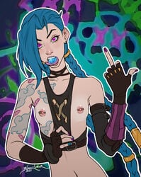 1girls 2021 arcane arcane_jinx arm_gloves arm_tattoo blanclauz blue_hair blue_nail_polish blue_nails braided_twintails breasts breasts_out candy candy_in_mouth chest_tattoo clothes_between_breasts exposed_breasts exposed_midriff female female_focus female_only fingerless_gloves flashing flashing_at_viewer flashing_breasts flat_chest flat_chested flipping_off flipping_viewer_off hair_over_one_eye jinx_(league_of_legends) league_of_legends licking_candy long_hair looking_at_viewer middle_finger mouth_hold nipple_bar nipple_piercing nipples no_bra pierced_nipples pink_eyes purple_nail_polish purple_nails riot_games small_breasts solo solo_female tattoos tongue_out top_pull twin_braids