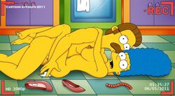 1girls cartoon_avenger cheating cheating_wife kitchen leg_lock legs_around_waist marge_simpson missionary_position ned_flanders netorare recording the_simpsons