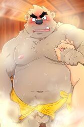 2023 2:3 anthro balls bear belly black_nose blush bodily_fluids brown_body duo erection genitals hi_res humanoid_hands kemono male mammal moobs navel nipples overweight overweight_male penis sauna shibatanukiti small_penis solo_focus sweat towel