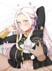 1boy 1girls alternate_breast_size alternate_version_at_source alternate_version_available big_breasts blush breast_grab breast_hold breast_squeeze breasts color edelgard_von_hresvelg engulfing_paizuri female female_focus fire_emblem fire_emblem:_three_houses garreg_mach_monastery_uniform gigantic_breasts hands_behind_head heart huge_breasts japanese_text large_breasts looking_down lying_on_back male motion_blur nintendo nude nude_male paizuri paizuri_lead_by_male paizuri_under_clothes pretending_to_like_it purple_eyes silver_hair straddling straddling_paizuri straight sweat tero_(o11q) text white_hair