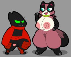 5:4 anthro big_breasts breasts canid canine cartoon_network domestic_cat duo felid feline felis female genitals hi_res male mammal mao_mao:_heroes_of_pure_heart no_humans nude penis pussy raccoon_dog redriver24816_(artist) sheriff_mao_mao_mao simple_background size_difference stare tanuki tanya_keys