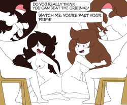 2boys 2girls alternate_hair_length ass_to_ass big_breasts brown_hair close-up competition english_text female hair_harpoon hairjob handjob happylikeawall jaiden jaiden_animations kneeling long_hair male medium_breasts moderatelyashamed multiple_boys multiple_girls penis straight text white_skin youtube youtuber