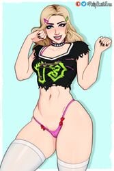 1girls aroma_sensei_(oc) artist belly blonde_hair blue_eyes braces dark_blonde dark_blonde_hair dirty_blonde_hair female_only image legs nails panties philipsmitheros pink_panties smiling solo solo_female solo_focus thighhighs tshirt waist