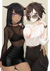 2girls au_ra black_hair breasts cat_ears cat_tail dark-skinned_female final_fantasy final_fantasy_xiv horns miqo'te multiple_girls pencil_skirt raen reiji-rj skirt