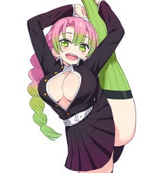 bangs big_breasts blush braided_hair chan_co cleavage demon_slayer female gradient_hair green_eyes kanroji_mitsuri kimetsu_no_yaiba leg_lift leg_up long_hair long_sleeves looking_at_viewer mole_under_eye no_bra open_mouth open_shirt pink_hair pleated_skirt smile solo thighhighs two_tone_hair uniform vertical_splits