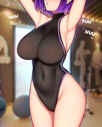 1girls arms_up big_breasts breasts english_text female female_focus female_only fit fit_female hi-rez_studios highres ikkimay large_breasts leotard mouth paladins purple_hair skin_tight skye_(paladins) stretching text thighs