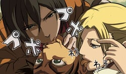 1boy 2girls annie_leonhardt asian asian_female attack_on_titan black_hair blonde_hair blue_eyes brown_hair clothed ear_licking eren_jaeger female french_kiss french_kissing green_eyes interracial japanese_text kissing long_hair male mikasa_ackerman multiple_girls nier_(artist) ponytail shingeki_no_kyojin short_hair tagme_(artist) threesome tongue tongue_kiss tongue_out