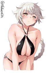 big_breasts bikini black_bikini blush braid braided_hair cleavage ebifurya female female_only kantai_collection leaning_forward long_hair looking_at_viewer single_braid solo swimsuit unryuu_(kantai_collection) white_hair yellow_eyes