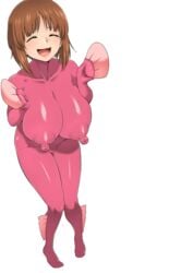 ahemaru big_nipples bodysuit brown_hair closed_eyes curvaceous curves curvy curvy_figure enormous_breasts girls_und_panzer henriiku_(ahemaru) high_resolution highres huge_breasts human large_breasts medium_hair nishizumi_miho simple_background standing thick_thighs