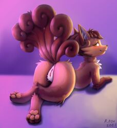 absurd_res anus blush crossed_legs female feral fur furry furry_only genitals gradient_background hi_res looking_at_viewer looking_back mr._albafox multi_tail nintendo paws pokemon pokemon_(species) pussy simple_background smug solo tail video_games vulpix willice