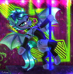 absurd_res ass bat_pony bowed_string_instrument caliluminos cello character_name:dusk chiropteran clothing corset dancing equid equine female feral genitals hasbro hi_res horse lingerie mammal musical_instrument my_little_pony nude pole pole_dancing pony pussy solo string_instrument topwear