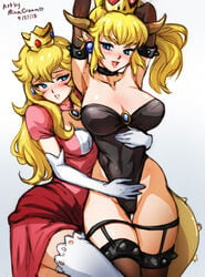 2018 2girls big_breasts blonde_hair blush bowsette breasts cleavage female female_only genderswap_(mtf) large_breasts mario_(series) minacream multiple_girls new_super_mario_bros._u_deluxe nintendo princess_peach rule_63 super_mario_bros. white_background yuri