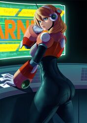 alia android antennae ass big_ass big_butt blonde_hair blue_eyes bodysuit computer female female_only hand_on_face looking_back looking_back_at_viewer mega_man mega_man_x robot robot_girl technology thick_ass thick_thighs warning_sign zet92