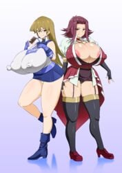 2girls ahemaru akiza_izinski alexis_rhodes big_breasts big_nipples blush breasts brown_hair bursting_breasts curvaceous curves curvy curvy_female curvy_figure enormous_breasts erect_nipples erect_nipples_under_clothes female henriiku_(ahemaru) high_resolution highres huge_breasts human large_breasts long_hair looking_at_viewer naughty_face nipples_visible_through_clothing red_hair simple_background standing thick_thighs voluptuous yu-gi-oh! yu-gi-oh!_5d's yu-gi-oh!_gx