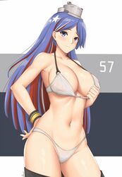 arciealbano big_breasts bikini bikini_pull blue_eyes blue_hair cleavage cowboy_shot female female_only hand_on_hip headgear kantai_collection long_hair looking_at_viewer multicolored_hair smile solo south_dakota_(kantai_collection) swimsuit thick_thighs white_bikini wrist_cuffs