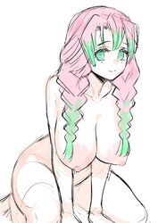 big_breasts braided_hair colored_sketch completely_nude demon_slayer female female_only green_eyes hanging_breasts hisaki huge_areolae huge_breasts kanroji_mitsuri kimetsu_no_yaiba large_areolae long_hair looking_at_viewer mole_under_eye nude pale-skinned_female pink_hair sitting smile solo two_tone_hair wariza