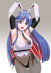 arms_behind_head arms_up big_breasts black_gloves black_panties blue_hair bunny_ears bunnysuit cleavage elbow_gloves female female_only gloves grey_eyes highleg_panties kantai_collection long_hair multicolored_hair necktie panties pantyhose side-tie_panties solo south_dakota_(kantai_collection) t2r thigh_gap wide_hips