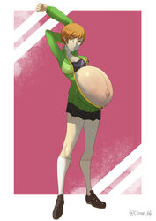 1girls absurdres breasts cleavage clone66 female female_only highres huge_belly looking_at_viewer persona persona_4 pregnant ready_to_pop satonaka_chie solo torpedo_belly veiny_belly