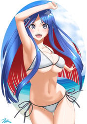 big_breasts bikini blue_hair cleavage kantai_collection long_hair looking_at_viewer multicolored_hair open_smile side-tie_bikini silver_eyes south_dakota_(kantai_collection) swimsuit t2r thigh_gap underboob white_bikini