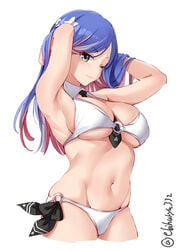 armpit arms_up big_breasts bikini blue_hair blush ebifurya female female_only grey_eyes kantai_collection long_hair multicolored_hair necktie smile solo south_dakota_(kantai_collection) swimsuit underboob white_bikini wink