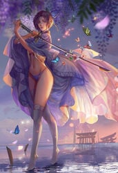 alternate_costume butterfly butterfly_hair_ornament cape demon_slayer detailed_background fan_yang female female_only full_body haori katana kimetsu_no_yaiba kochou_shinobu lace-trimmed_panties long_legs looking_at_viewer no_shoes outside painting_(artwork) panties purple_eyes purple_hair realistic short_hair solo sunset sword thighhighs tiptoes underboob water white_legwear white_thighhighs wisteria_(flower)