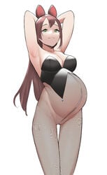 1girls armpits arms_up big_belly breasts brown_hair bunny_ears bunny_girl bunnysuit female female_only green_eyes inonice01 original pregnant pussy solo tagme