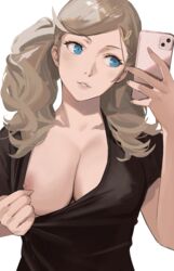 1girls ann_takamaki blonde_hair breasts cleavage dark_blonde dark_blonde_hair dirty_blonde dirty_blonde_hair exhibitionism female image j@ck long_hair nipple_bulge nipples no_bra persona persona_5 phone sandy_blonde sandy_blonde_hair simple_background smartphone solo twintails white_background