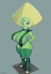 big_breasts bikini cartoon_network cranihum female gem_(species) green_skin hands_on_hips looking_at_viewer nipple_bulge peridot_(steven_universe) shortstack sling_bikini steven_universe thick_thighs thighhighs yellow_hair