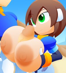 1boy 1girls aile alternate_breast_size big_breasts big_penis bodysuit bodysuit_under_clothes bracelet brown_hair clothed_paizuri cropped_jacket cropped_shirt eye_contact faceless_male female female_focus female_protagonist fingerless_gloves green_eyes huge_breasts jacket large_breasts mega_man mega_man_zx nipples paizuri paizuri_lead_by_female pants robot_ears short_hair shorts simple_background slickehedge smile spandex vent_(mega_man)