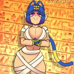 1girls 2d 2d_animation animal_crossing animated ankha_(cosplay) ankha_ride_(minus8) arm_band arms_crossed armwear bandage belly belly_button big_breasts blue_fur blue_hair bouncing_breasts breasts cat_ears cat_tail cleavage dancing egyptian egyptian_headdress egyptian_mythology emi emi_(character) emi_(twistedgrim) eyebrows_visible_through_hair eyes_half_open eyeshadow gradient_hair hair_ornament heiroglyphs highres hip_sway hips long_ears looking_at_viewer makeup motion mummy_costume nintendo no_sound overflow overflowing_breasts pink_eyes pointy_ears shorter_than_10_seconds shorter_than_30_seconds smile smiling solo striped_tail swaying tan_skin thick_thighs thighs thunderthighs twistedgrim upscaled video wide_hips year_request yellow_fur