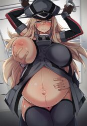 1boy 1girls bare_shoulders big_breasts bismarck_(kantai_collection) black_legwear black_thighhighs blonde_hair blue_eyes breast_grab chikan detached_sleeves faceless_male female female_focus gloves groping groping_from_behind hand_on_another's_stomach hand_on_belly kantai_collection kuronyan long_hair military_hat military_uniform one_breast_out open_shirt pregnant questionable_consent sweat thick_thighs thighhighs train train_interior uniform