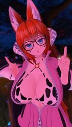 3d blue_eyes breasts cow_print_bikini demon_wings fox fox_ears fox_girl ginger_hair glasses glubbable horns large_breasts succubus unzipped unzipped_jacket virtual_youtuber vrchat vrchat_avatar vrchat_media vrchat_model wings