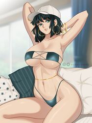 1girls 2021 armpits arms_behind_head arms_up bangle bikini breasts eyepatch_bikini female female_focus female_only fubuki_(one-punch_man) green_bikini green_eyes green_hair hat hi_res hips hoop_earrings huge_breasts indoors jewelry mandytsune one-punch_man short_hair sitting slim_waist thick_thighs thighs white_hat wide_hips