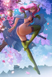 1girls alternate_costume big_ass big_breasts braided_hair cape cherry_blossoms demon_slayer detailed_background fan_yang female female_only flowers full_body green_eyes haori kanroji_mitsuri kimetsu_no_yaiba leotard long_hair long_legs no_shoes outside pink_hair realistic revealing_clothes skimpy_clothes slim slim_girl slim_waist solo sword thighhighs thin thin_arms thin_female thin_waist two_tone_hair underboob