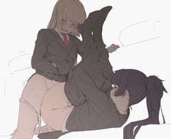 1futa 1girls bangs black_hair blonde_hair blush bottomless business_suit chauffeur_(mdf_an) clothed clothed_sex clothing duo female futa_on_female futanari futanari-sama_(mdf_an) human implied_futanari legs_up light-skinned_female light-skinned_futanari light_skin long_hair mdf_an mostly_clothed pale_skin panties_around_leg pants_down partially_clothed sex skirt_lift suit sweat tie