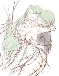 1boy 1girls bare_shoulders breast_grab breasts breasts_out byleth_(fire_emblem) byleth_(fire_emblem)_(male) cleru_(cleruuuuu) closed_eyes collarbone double_breast_grab fire_emblem fire_emblem:_three_houses green_hair groping kissing large_breasts long_hair nintendo nipples off_shoulder rhea_(fire_emblem) sex sweat very_long_hair