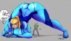 alternate_breast_size big_ass big_breasts blonde_hair bodysuit breasts_bigger_than_head color_edit dialogue english_text female giantess holding_breast huge_ass huge_breasts jack-o'_pose jack-o_pose lapotato8 larger_female long_hair metroid mini_giantess muscular muscular_arms muscular_bimbo muscular_female nintendo ponytail posing presenting_ass presenting_hindquarters ritax samus_aran sitting text thick_thighs voluptuous wide_hips zero_suit zero_suit_samus