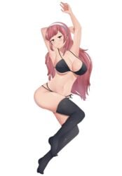 1girls absurdres arm_behind_head armpits arms_up black_underwear bra cherche_(fire_emblem) crossed_legs female fire_emblem fire_emblem_awakening highres ivanwind legs_together long_hair looking_at_viewer lying navel nintendo on_back panties pink_hair red_eyes smile solo teasing tongue tongue_out transparent_background underwear