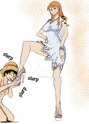 domination feet female femdom foot heels high_heels kissing_feet male monkey_d_luffy nami one_piece platform_heels post-timeskip red_hair smiling ssslavein