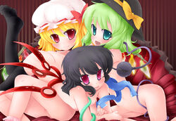 3girls akihara_nakuru all_fours ass black_hair blonde_hair blue_eyes clothing embracing female flandre_scarlet green_hair hat headwear hug koishi_komeiji multiple_girls nipples nude nue_houjuu pettanko red_eyes short_hair sitting thighhighs top-down_bottom-up touhou vagina wings