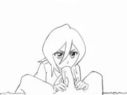 <1_second_video 2d animated black_and_white bleach blowjob fellatio female kuchiki_rukia large_penis lustful_gaze mouth mouthful no_sound penis rukia_kuchiki short_hair tagme tomboy video