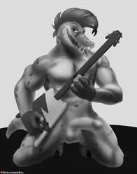 4_fingers alligator alligatorid anthro balls black_and_white boner claws clothing crocodile crocodilian crocodylid erection facial_tattoo fingerless_gloves fingers five_nights_at_freddy's five_nights_at_freddy's:_security_breach genitals gloves gloves_only guitar handwear handwear_only hi_res humanoid_genitalia humanoid_hands humanoid_penis kneeling looking_at_viewer male male_only mohawk monochrome montgomery_gator_(fnaf) mostly_nude muscular muscular_anthro muscular_male musical_instrument naughty_face naughty_smile navel nipples nude open_maw open_mouth patreon patreon_logo patreon_username penis playing_instrument plucked_string_instrument reptile scalie scottgames shaded solo spelunker_sal spots spotted_body string_instrument tattoo teeth teeth_showing tongue tongue_out vein veiny_penis video_games