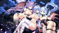 3girls ass blush bra breasts cleavage crossed_legs demon demon_girl demon_tail female female_only fishnet_stockings fishnets full_moon ganyu_(genshin_impact) genshin_impact heart hi_res horn horns kamisato_ayaka keqing_(genshin_impact) large_breasts leotard multiple_girls night panties ponytail sling_bikini smile thighhighs tia_(4017342) twintails underwear