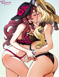 2girls alternate_costume artist_name ass bikini black_bikini black_swimsuit blonde_hair bow breasts brown_bikini brown_hair brown_swimsuit choker cleavage close-up closed_eyes cowboy_shot dated dorothea_arnault dorothea_arnault_(summer) earrings female female_only fire_emblem fire_emblem:_three_houses fire_emblem_heroes flower hair_bow hair_over_shoulder hair_ribbon hand_on_face hat hat_flower hat_ribbon hug jewelry kiss kissing large_ass large_breasts long_hair medium_breasts mercedes_von_martritz mercedes_von_martritz_(summer) minacream multiple_girls nail_polish nintendo official_alternate_costume pink_bikini pink_swimsuit purple_bikini purple_nails purple_swimsuit red_nails ribbon side_ponytail straw_hat sun_hat swimsuit yuri