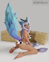 1girls 3d ass bikini bikini_bottom bikini_top blender blue_eyes blue_tail cow_bikini female female_only fox_ears fox_tail from_behind hay io_(paladins) long_hair paladins shandyxz sideboob solo white_hair