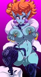 1girls big_breasts blue_skin demon demon_girl dragon_ball dragon_ball_z female female_only fur_coat ginger_hair high_heels holding_breast legs_up looking_at_viewer massive_ass naked nipple_piercing nude piercing princess_snake pussy red_eyes solo zemoru01