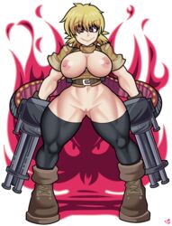 blonde_hair boots bottomless breasts gun hellsing hellsing_ultimate looking_at_viewer muscular muscular_female navel nipples oerba_yun_fang open_clothes pussy red_eyes seras_victoria short_hair theironmountain thick_thighs thighhighs thighs wide_hips