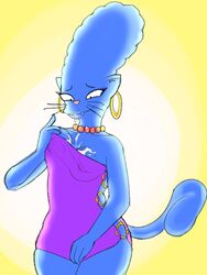 1girls anthro cat_marge cum_in_breasts dress edit feline female furry looking_at_breasts marge_simpson solo tail the_simpsons