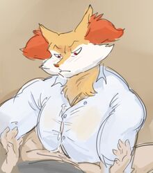 anthro boobjob braixen breasts cum cum_through_clothes cum_through_clothing cumming furry gay human humanoid_penis looking_at_penis male muscles outercourse paizuri paizuri_under_clothes pecjob penis pokémon_(species) pokemon pokemon_(species) pokephilia pov